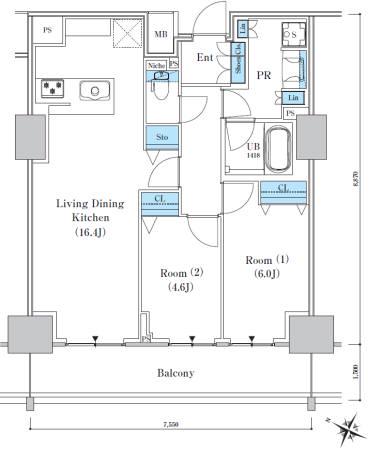 ロイヤルパークスER万代(2LDK/8階)の間取り写真