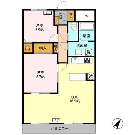 ディセット・ハイム牡丹山(2LDK/2階)の間取り写真