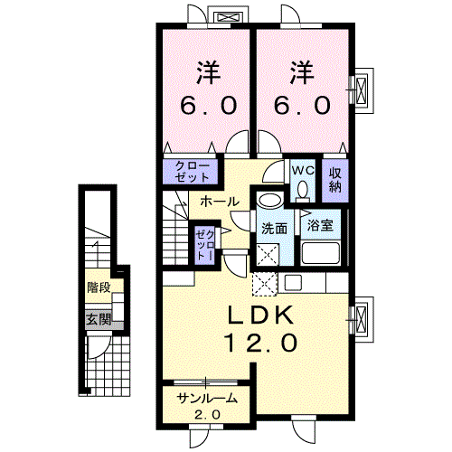 ソレイユ悠久町(2LDK/2階)の間取り写真