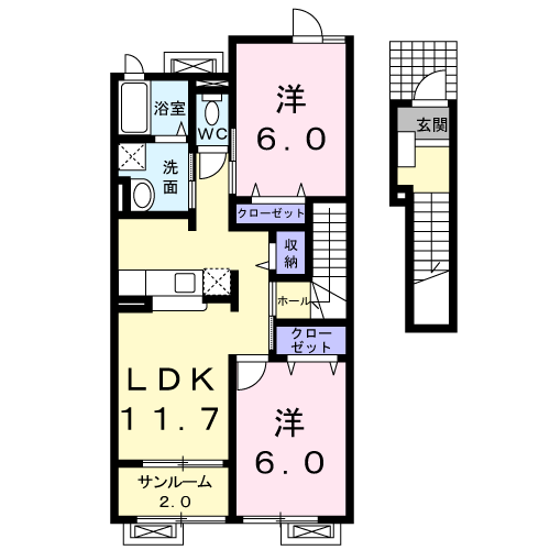 ラ・ソレイユB(2LDK/2階)の間取り写真