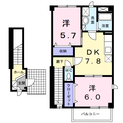 プラーサソレアード(2DK/2階)の間取り写真