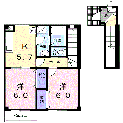 クワット(2DK/2階)の間取り写真