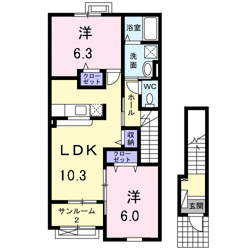 ハッピーフィールドつばき館(2LDK/2階)の間取り写真