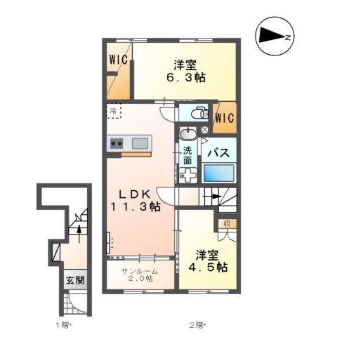 富山市中島アパート(2LDK/2階)の間取り写真