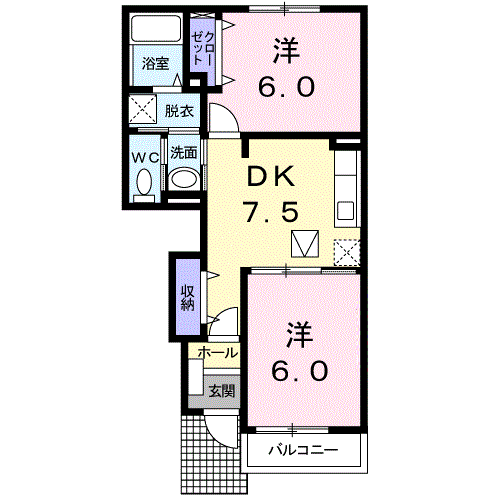 アピュエース(2DK/1階)の間取り写真