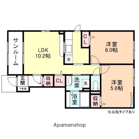 FIFTY-FIFTYC棟(2LDK/1階)の間取り写真
