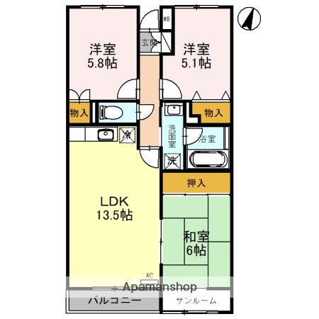 フィール高岡駅南(3LDK/1階)の間取り写真