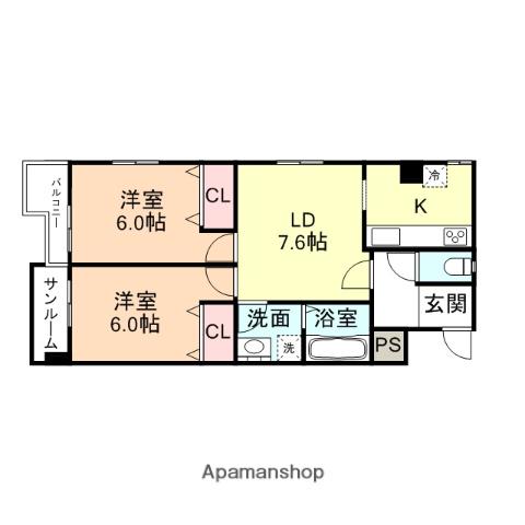 コンチネンタルスカイハイツ(2LDK/6階)の間取り写真