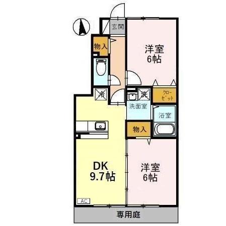 ローズコート歌の森B棟(2DK/1階)の間取り写真