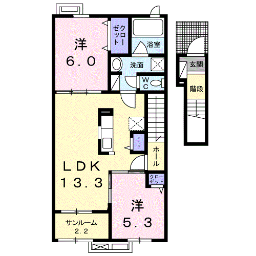 プルミエール手屋Ⅱ(2LDK/2階)の間取り写真