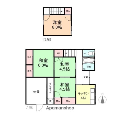 富山地鉄富山港線 城川原駅 徒歩14分 2階建 築65年(4K)の間取り写真