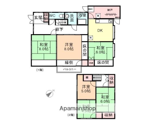 富山地鉄本線 荻生駅 徒歩7分 2階建 築53年(6DK)の間取り写真