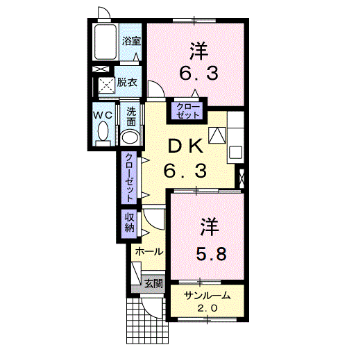 カーサ・ブローテ Ⅱ棟(2DK/1階)の間取り写真