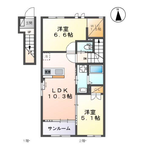 リアンK(2LDK/2階)の間取り写真