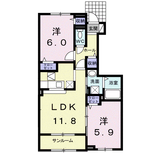 シャン・シャトーⅠ(2LDK/1階)の間取り写真