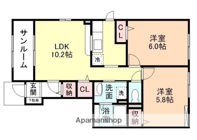 FIFTY-FIFTYC棟(2LDK/1階)の間取り写真