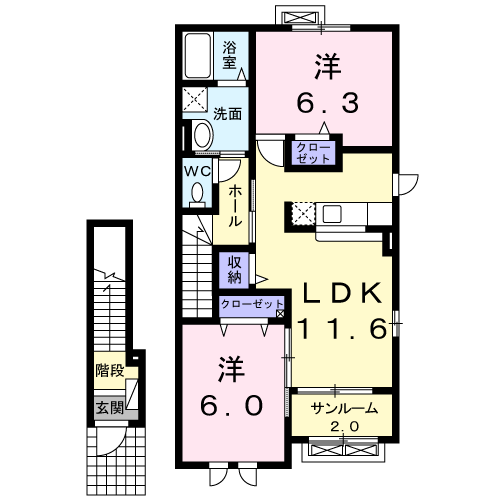 GコーポB棟(2LDK/2階)の間取り写真