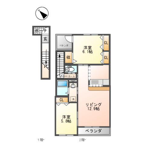 サンセットヒルズ(2LDK/2階)の間取り写真
