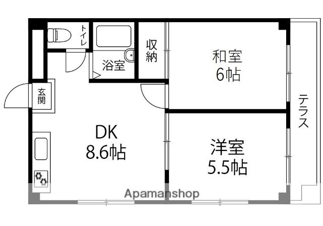 ＩＲいしかわ鉄道 金沢駅 バス乗車時間：33分 野々市中学校前バス停で下車 徒歩2分 5階建 築36年(2DK/5階)の間取り写真