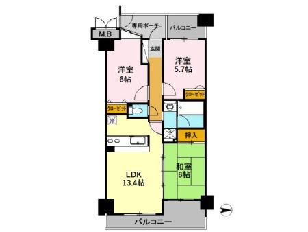 金沢駅西グリーンマンション(3LDK/4階)の間取り写真