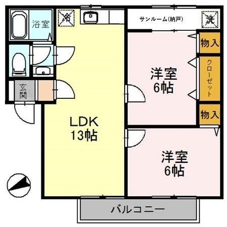 レーヴ・アズールB(2LDK/1階)の間取り写真