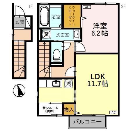 HOLY1 B(1LDK/2階)の間取り写真