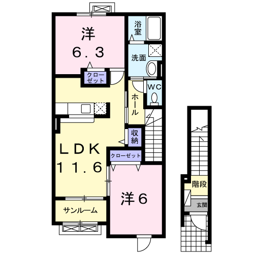 ヨシグルーシャⅠ(2LDK/2階)の間取り写真