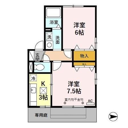 ウエストビレッジB(2K/1階)の間取り写真