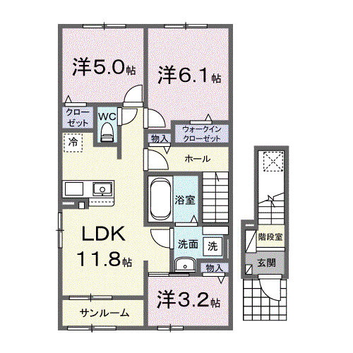ヒカルサ金沢畝田東Ⅰ(2LDK/2階)の間取り写真