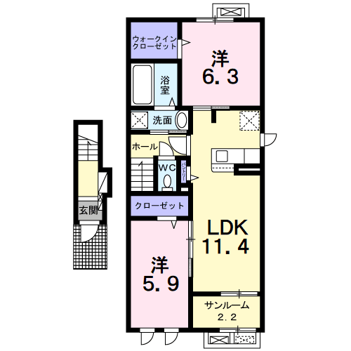 カーサ・ボヌール(2LDK/2階)の間取り写真