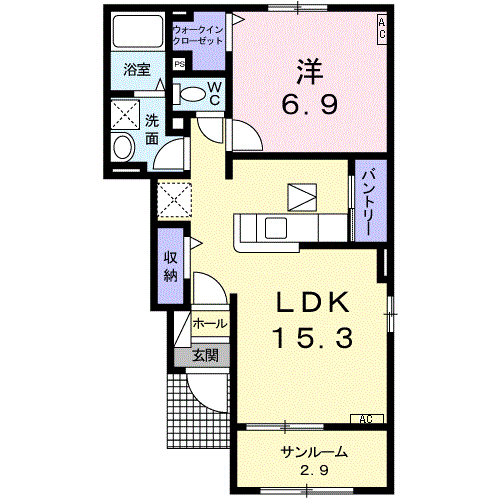 ベルベディアB(1LDK/1階)の間取り写真