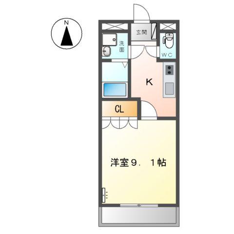 ヴィラ桜の丘(1K/2階)の間取り写真