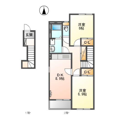 スカイ・ピース(2DK/2階)の間取り写真