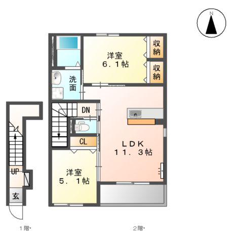 CHALEUR(2LDK/2階)の間取り写真