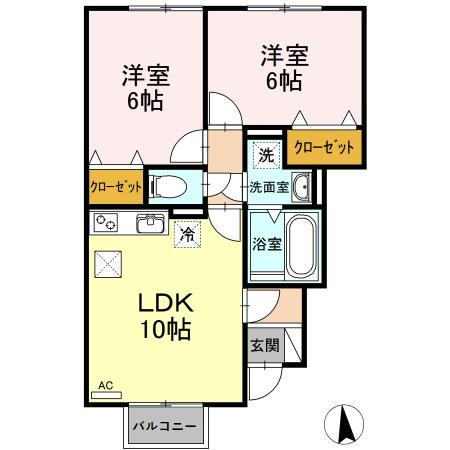 ボヌール ロン トワ B(2LDK/1階)の間取り写真