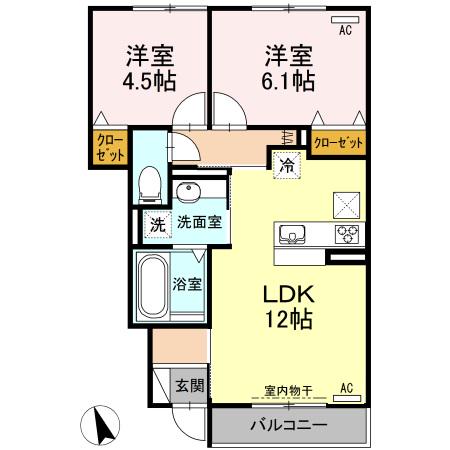東海道・山陽新幹線 岐阜羽島駅 バス乗車時間：49分 羽島市コミュニティバス　三ツ柳バス停で下車 徒歩3分 2階建 築9年(2LDK/1階)の間取り写真