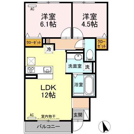 東海道・山陽新幹線 岐阜羽島駅 バス乗車時間：49分 羽島市コミュニティバス　三ツ柳バス停で下車 徒歩3分 2階建 築9年(2LDK/1階)の間取り写真