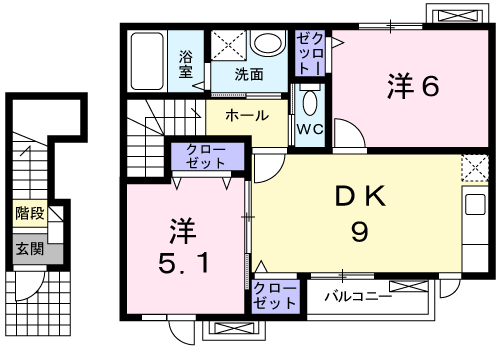 フラットワイズ(2DK/2階)の間取り写真