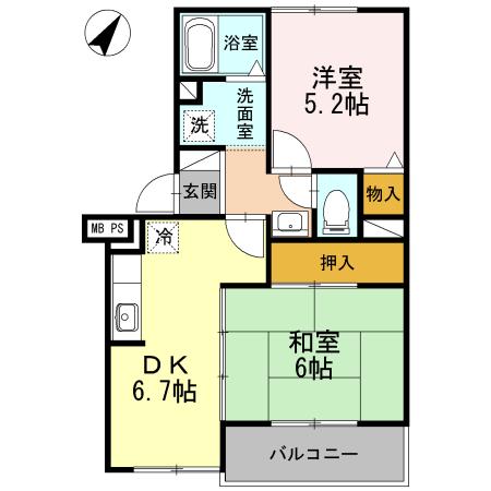 ライジングサン関野(2DK/2階)の間取り写真
