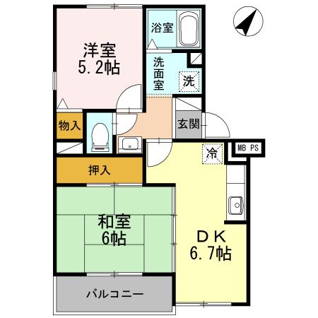 ライジングサン関野(2DK/2階)の間取り写真