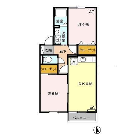 カーサ二の岡B(2DK/2階)の間取り写真