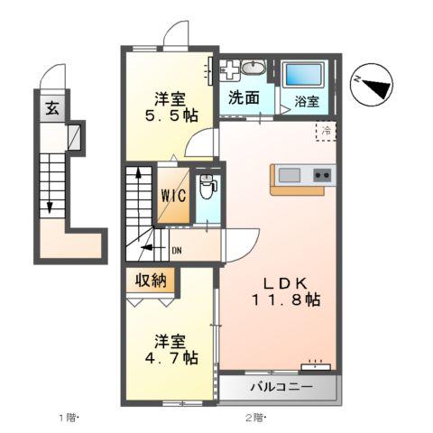 ムーンローズ香貫(2LDK/2階)の間取り写真