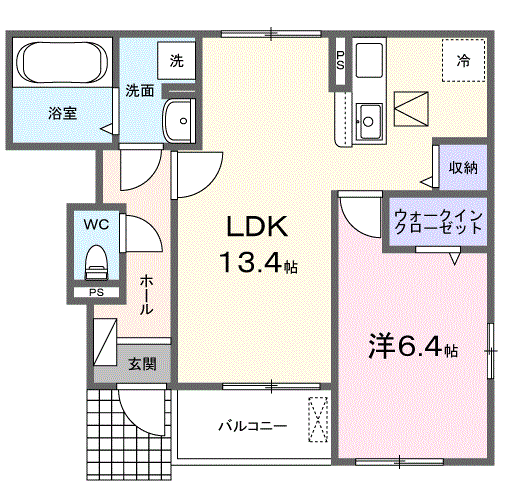 ピースフル リビング茶町(1LDK/1階)の間取り写真