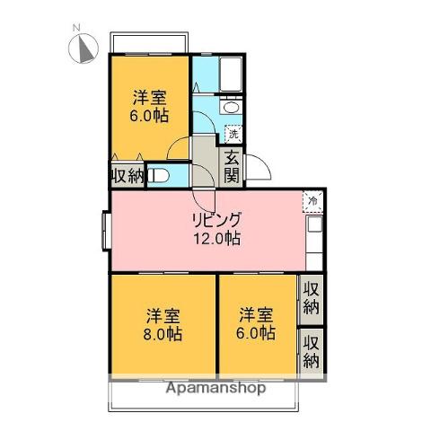 ヒルビレッジB(3LDK/2階)の間取り写真