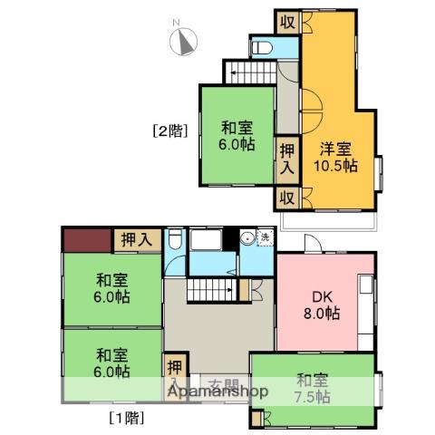 身延線 入山瀬駅 徒歩16分 2階建 築38年(5DK)の間取り写真