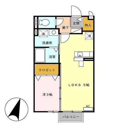 モナリエ早出(1LDK/1階)の間取り写真