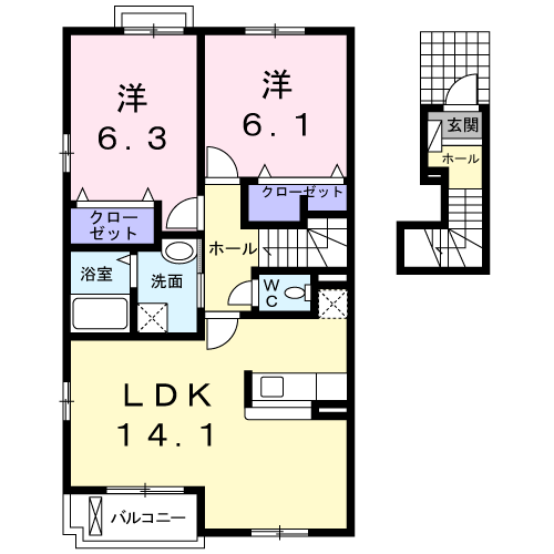 M.アメニティ B(2LDK/2階)の間取り写真