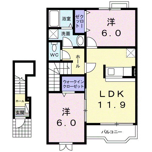 プラシードⅡ(2LDK/2階)の間取り写真
