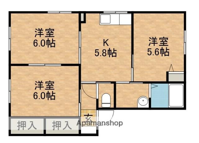 オーシャンヒルズB(3K/1階)の間取り写真