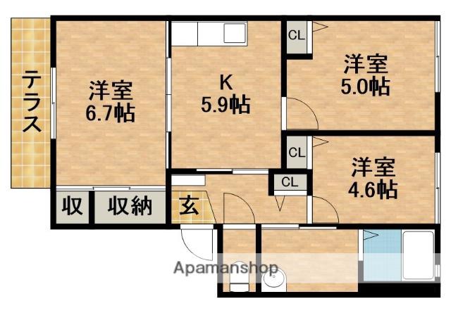 シュライン宮西A(3K/1階)の間取り写真